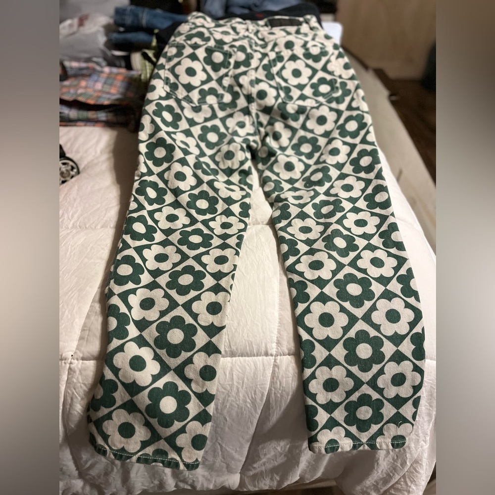 PacSun Womens Flower Jeans Green Love Daisy‎ Sz 24 High Rise Straight Button Fly